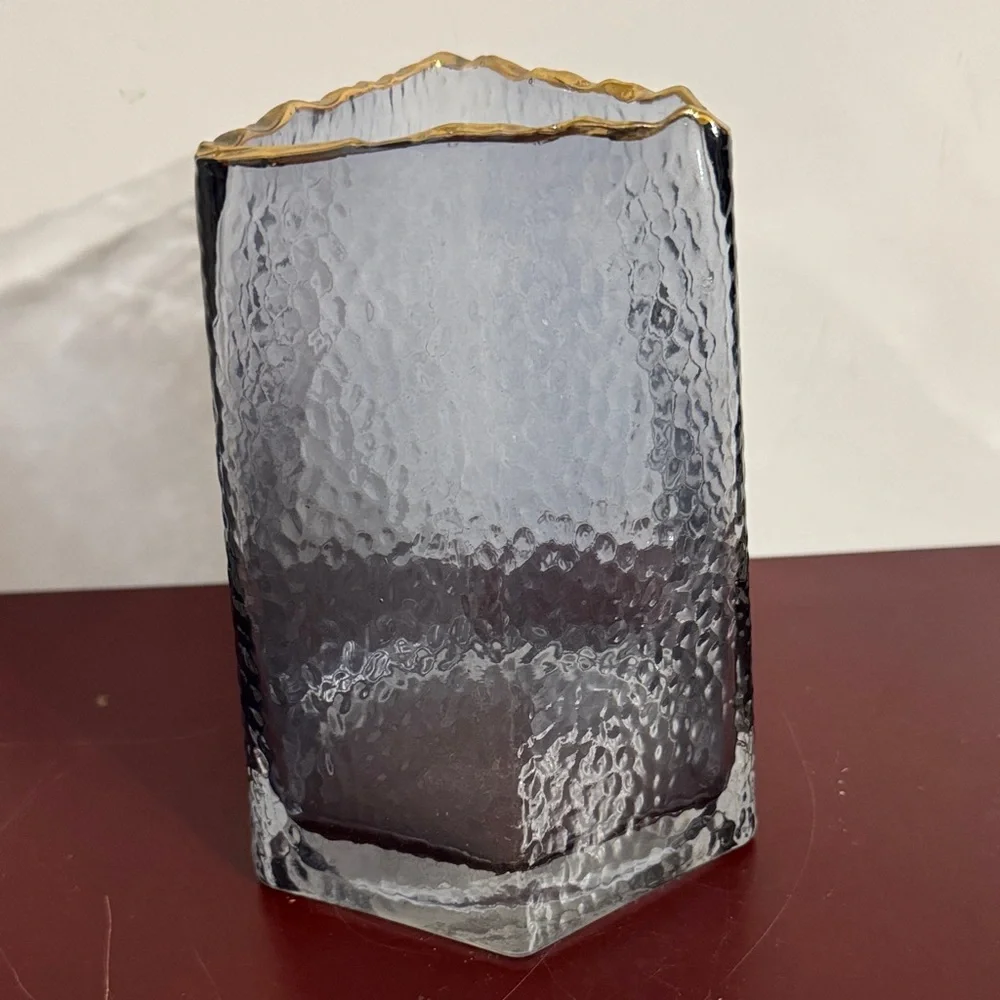 Nordic Hammered Gray Glass Vase Gold Rim 6.5” Tall 5.25